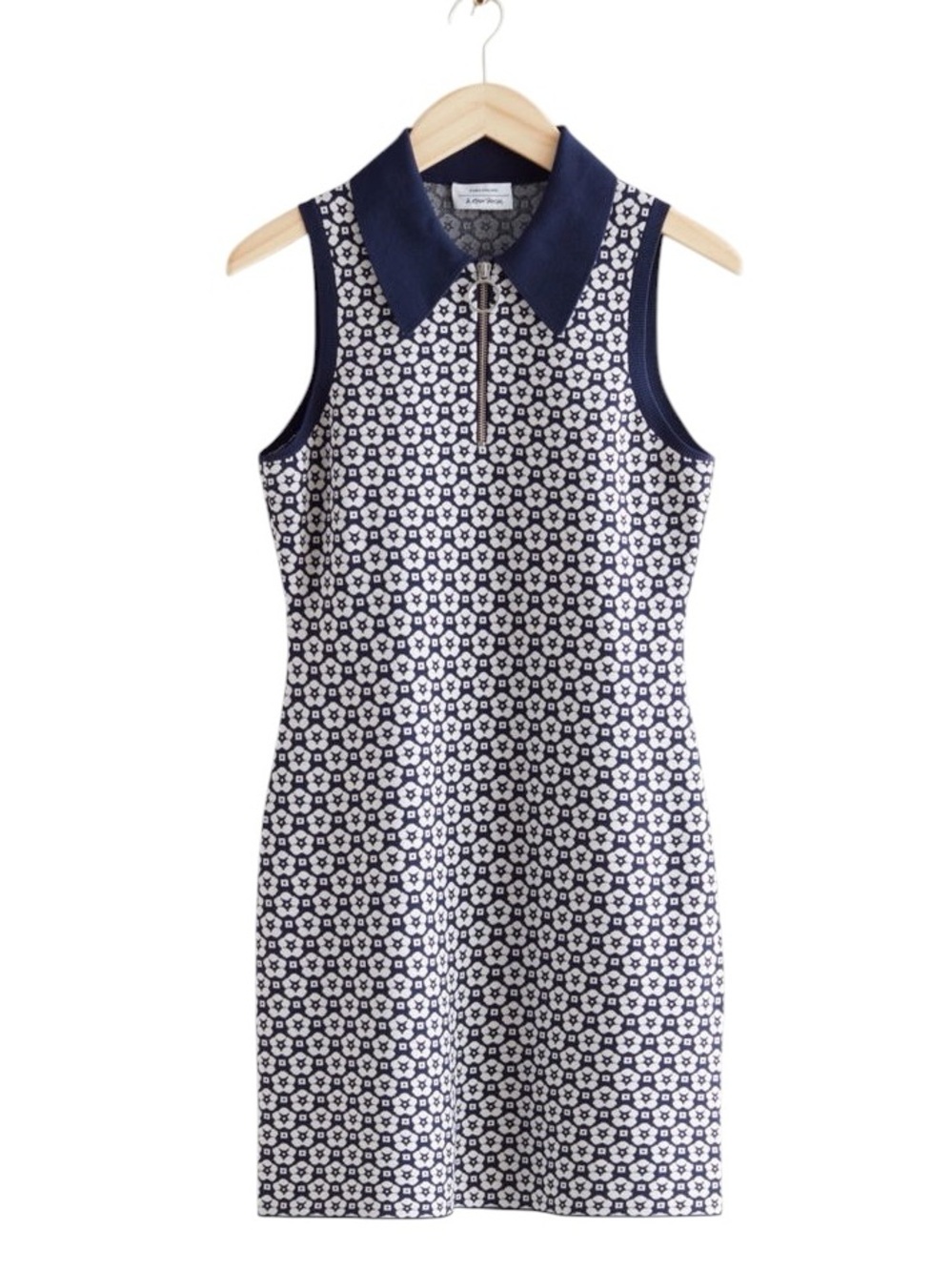 LN & Other Stories Navy Blue White Floral Jacquard Polo Collar Knit Mini Dress S